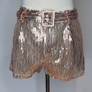 Sofistiqué Rose Gold Sequin High Waisted Belted Shorts Size S